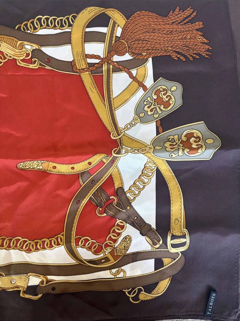 Talbots 100% Silk Equestrian Scarf Brown Red Gold Carriage Print